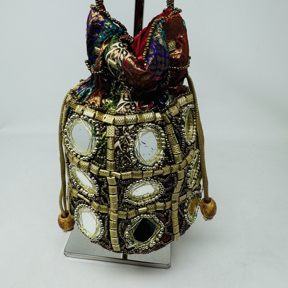 Handmade Nepalese Purse Bag Colorful Beads Pull Close Mirrors‎ 7" Tall